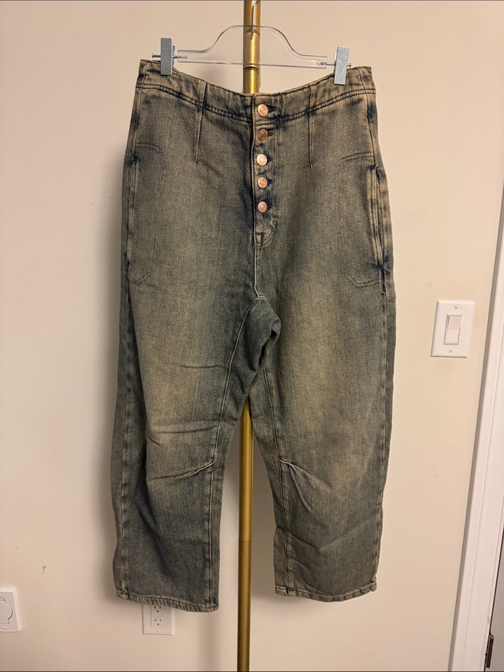 We The Free Relaxed Washed Green Button-Fly Jeans
